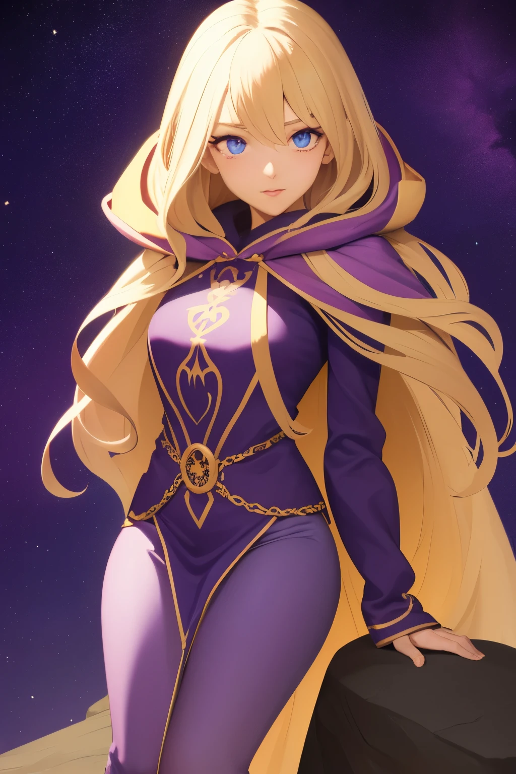 A beautiful girl, long hair, blonde hair, (detailed face: 1.4), (dressed in a blue cloak, hood covering the face), blue eyes, perfect nose, pink lips, (purple shirt with gold drawings), medium breasts, (purple pants with gold drawings), (full body), (standing on a stone), at night, cliff, flashes of light,