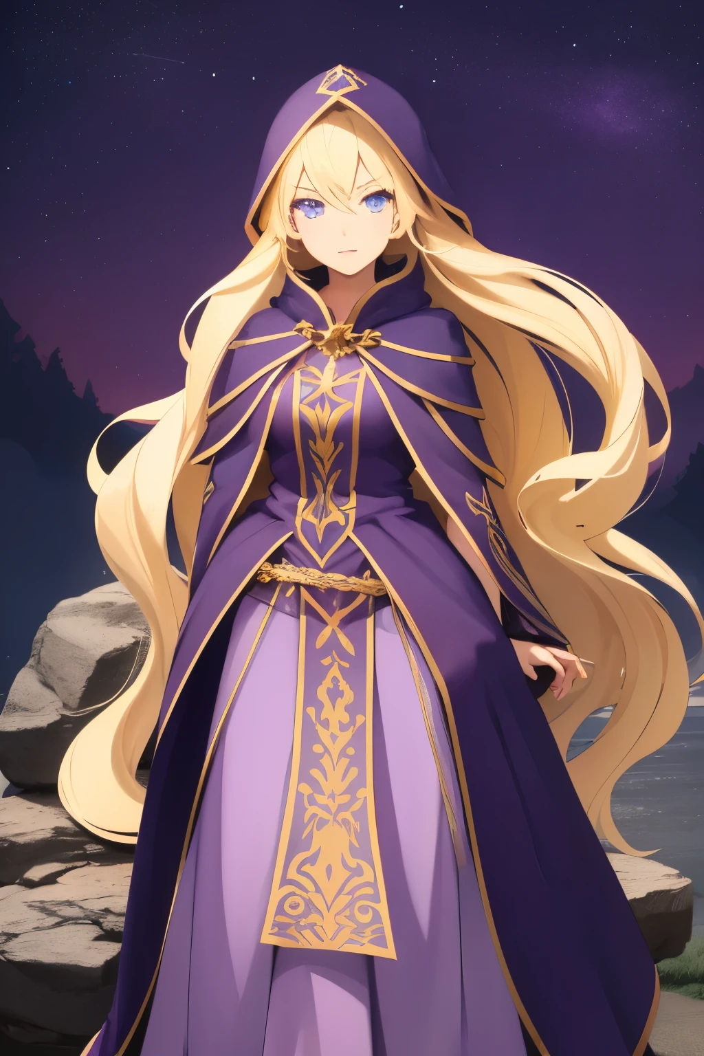 A beautiful girl, long hair, blonde hair, (detailed face: 1.4), (dressed in a blue cloak, hood covering the face), blue eyes, perfect nose, pink lips, (purple shirt with gold drawings), medium breasts, (purple pants with gold drawings), (full body), (standing on a stone), at night, cliff, flashes of light,