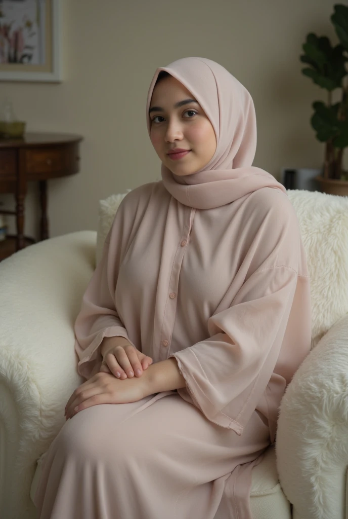 (masterpiece) (detaile) a beautifull indonesian woman, sitting on brown sofa, wearing 
Soft pink pattern  gamis like kimono, pajamas pants, sandal, long hijab pink, indoors, soft lighting, 
To the right of the chair there is a bicycle with a basket and to the left is a chair and a wooden table with beautiful flowers. with a backdrop of mountain views and sunset. relaxed pose, realistic, intricate details, warm colors, 5D, 8K