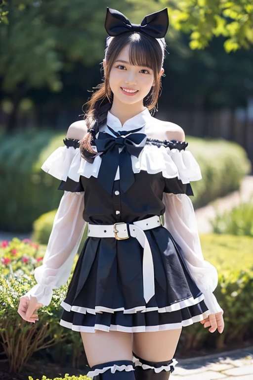 1 nogizaka girl, amazingly cute, bishojo, 14 years old, (gothic fashion), delicate and beautiful face, eye, and skin, dense black shiny hair, elegant ruffles, ruffle tie, ribbon tie, Rose Hair Accessories, (smile at the camera), (cowboy shot), (european castle), professional lighting, break, (realistic, photo-realistic:1.37), 8k, (masterpiece), (highest quality:1.4), (ultra high resolution:1.2), (RAW photo:1.2), (dress with delicate lace, soft fabric, and a beautiful rose pattern), perfect anatomy, 4 fingers and 1 thumb, super detailed background, (unity 8k wallpaper)、lift up the skirt、white lace panties are visible、