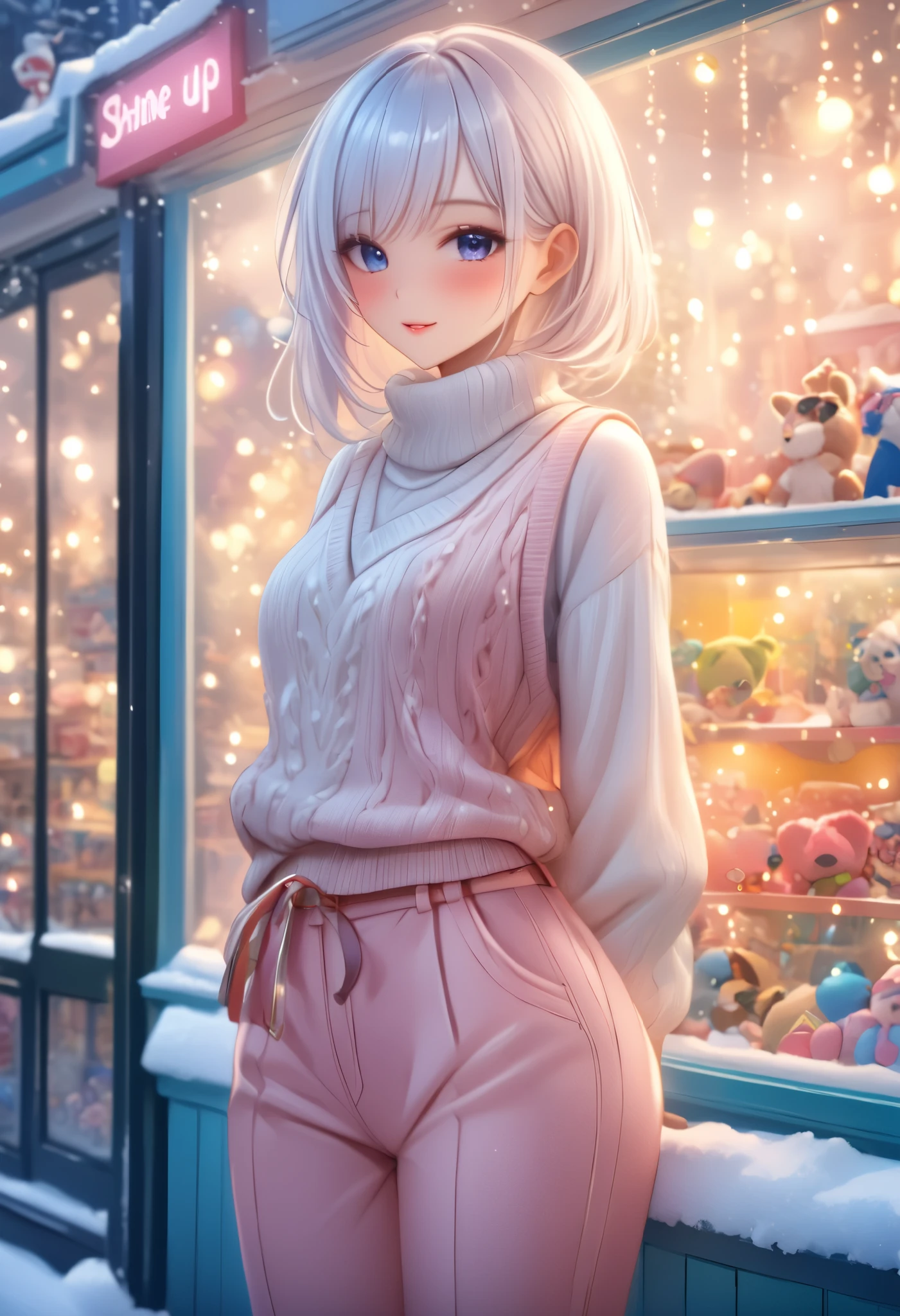 core_9, score_8_up, score_7_up,  1girl,  Lovely white hair,  sexy ,  Olfactory ,  Flirting Look ,  Beautiful Vest , sweater, trousers, shoes,  Background Snow Show ,  Toy Shops , bright, Colours Juicy , Shine,  Complex Details ,  Maximum Quality ,  Best quality , 8 k,  