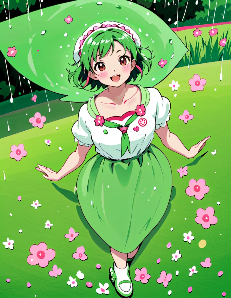 Zundamon, green short hair, Light Green clothing, Playful Cat Smile, Rain of Petals, Romantic pink flowers falling rain, petals dancing in the wind, rose flower. outdoors, field, White short-sleeved blouse, green suspenders attached to green short pants, Pink ribbon tie adorned with green soybean, Big green soybean-shaped headband, Three-heads tall, by Sakamoto ahiru. (tkw)