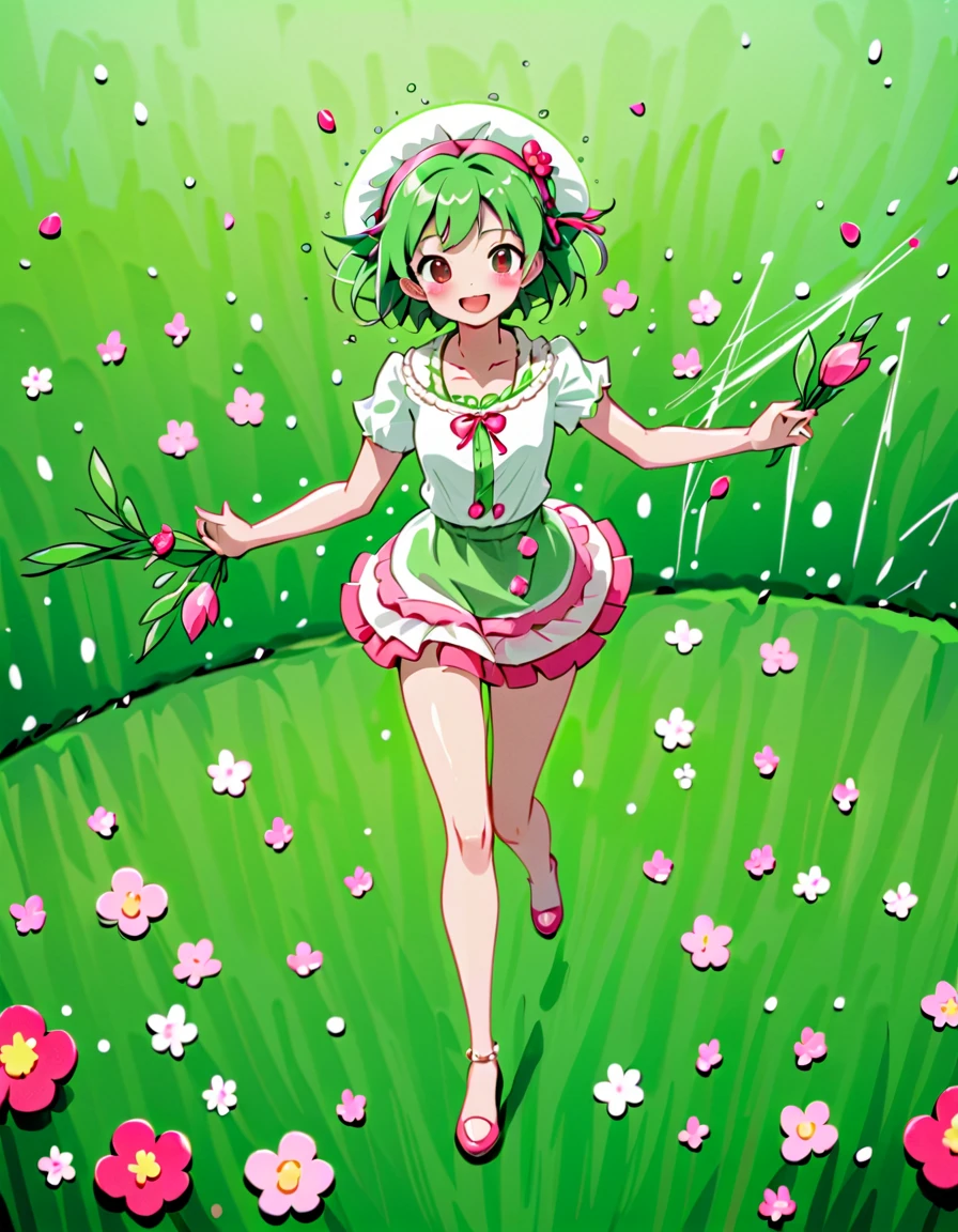 Zundamon, green short hair, Light Green clothing, Playful Cat Smile, Rain of Petals, Romantic pink flowers falling rain, petals dancing in the wind, rose flower. outdoors, field, White short-sleeved blouse, green suspenders attached to green short pants, Pink ribbon tie adorned with green soybean, Big green soybean-shaped headband, Three-heads tall, by Sakamoto ahiru. (tkw)