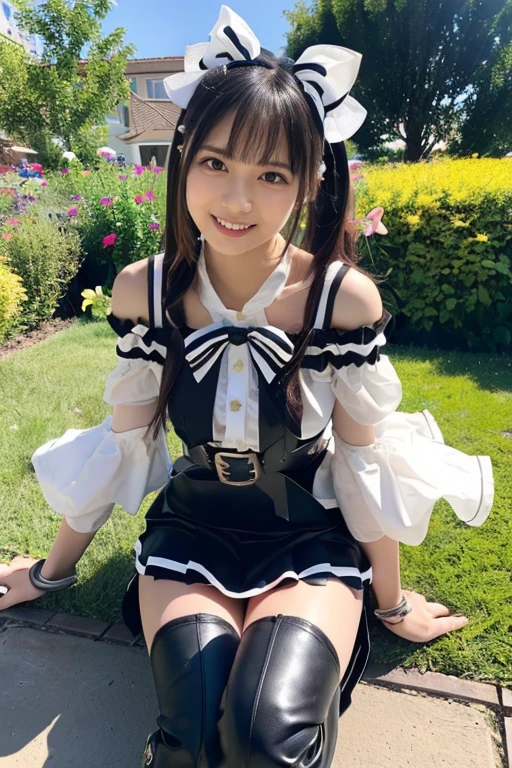 best quality, ultra high res, (photorealistic:1.4),a beautiful girl, [:(detailed face:1.2):0.2], kawaii, black twintwils ,flat chest, smile, full shot,Random posture, national costume, squatting, full body, from front,  kawak:1.4, 