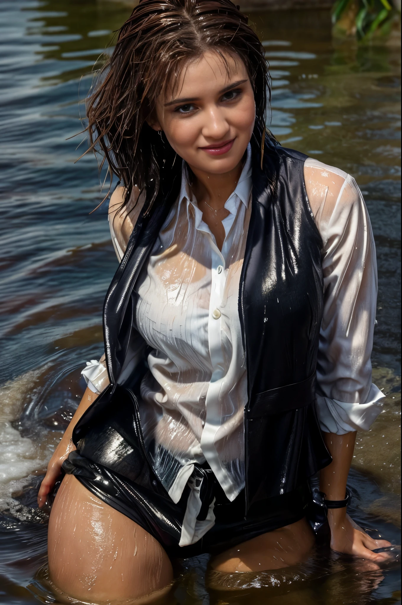 woman in a business suit is standing in the lagoon, dark woollen suit, white blouse, loose tie, dark woollen jacket, waistcoat, closeup fantasy with water magic, beautiful maiden, tight clothing, wet clothing, realistic oil painting, bright sunshine, dripping wet, in water up to her shoulders, beautiful realistic painting,  hyperrealist portrait in a river, fully clothed, cute shot, narrow depth of field, 8k,  drenched, ((soaked)), dripping water, dripping oil, heavy clothes, soaked in oil, wet all over, rouge lipstick, wet dripping hair, faint smile, tatiana.milovani 