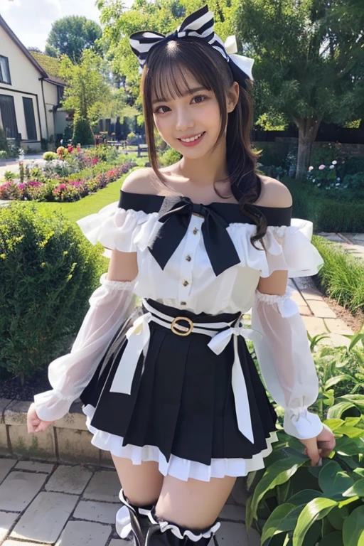 1 nogizaka girl, amazingly cute, bishojo, 14 years old, (gothic fashion), delicate and beautiful face, eye, and skin, dense black shiny hair, elegant ruffles, ruffle tie, ribbon tie, Rose Hair Accessories, (smile at the camera), (cowboy shot), (european castle), professional lighting, break, (realistic, photo-realistic:1.37), 8k, (masterpiece), (highest quality:1.4), (ultra high resolution:1.2), (RAW photo:1.2), (dress with delicate lace, soft fabric, and a beautiful rose pattern), perfect anatomy, 4 fingers and 1 thumb, super detailed background, (unity 8k wallpaper)、lift up the skirt、white lace panties are visible、