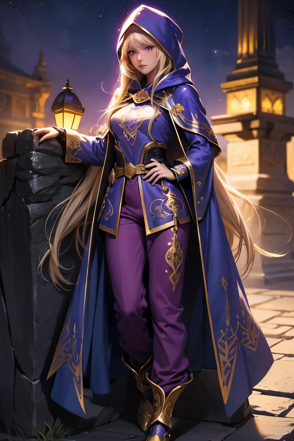 A beautiful girl, long hair, blonde hair, (detailed face: 1.4), (dressed in a blue cloak, hood covering the face), blue eyes, perfect nose, pink lips, (purple shirt with gold drawings), medium breasts, (purple pants with gold drawings), (full body), (standing on a stone), at night, cliff, flashes of light,