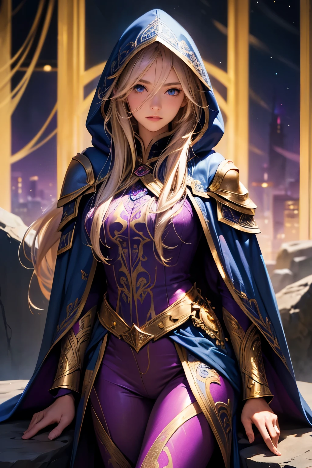 A beautiful girl, long hair, blonde hair, (detailed face: 1.4), (dressed in a blue cloak, hood covering the face), blue eyes, perfect nose, pink lips, (purple shirt with gold drawings), medium breasts, (purple pants with gold drawings), (full body), (standing on a stone), at night, cliff, flashes of light,