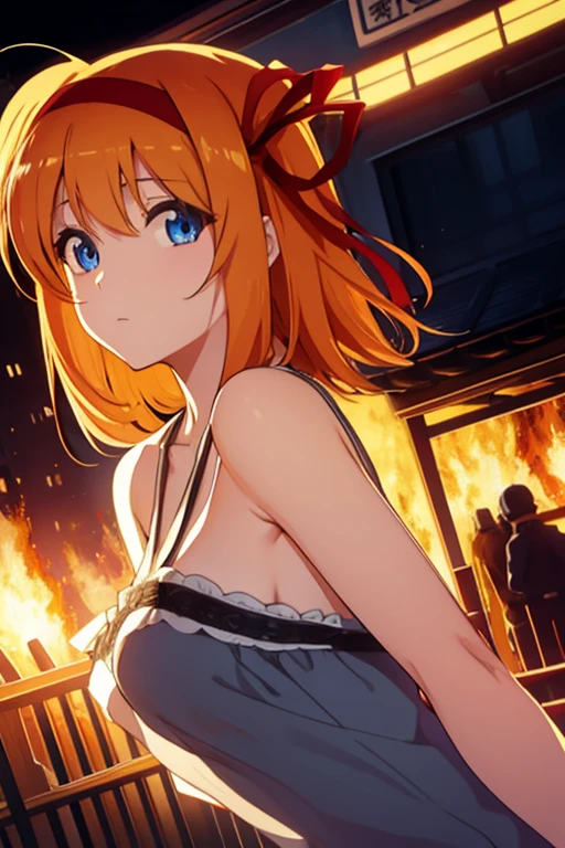 solo, honoka kousaka, blue eyes, Brown Hair, Hair Ribbon, Orange Hair, (One side up:1.2), short hair, Yellow ribbon,, Live Stage, Browsing Caution, .(nude, naked, One girl, alone, ,Big Breasts ) ,Nipples, flood, Abandoned amusement park、 fire、 Heavy snowfall, cry ,flood , Abandoned Hospital, fire, Heavy snowfall, frozen, whole body, space