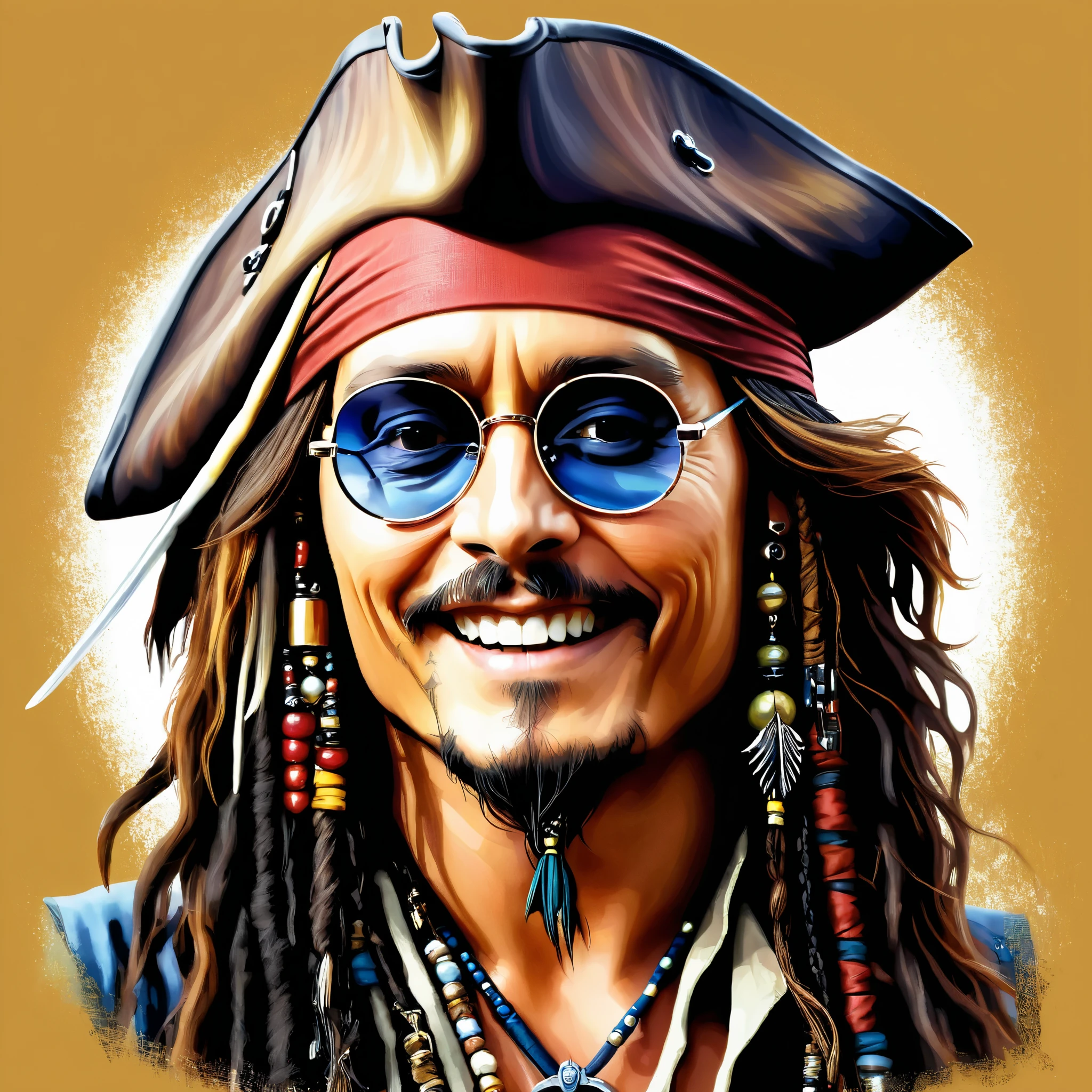 lucas arts,  captain jack sparrow,  Johnny Depp,  flat shading , round sunglasses ,smile