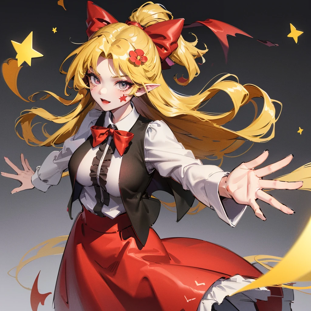 an animated drawing of a female with wings, clean line drawings, ultra cute girl, ultra cute face, ultra detailed eyes, ultra detailed hair, ultra cute, ultra beautiful, ((high end)), (UHD picture), (best quality,4k,8k,highres,masterpiece:1.2), top-quality(​masterpiece), top-quality, ultra-detailed, highly detailed texture, intricate details, high quality textures, masterpiece, best quality, perfect quality, perfect anatomy, perfect body, perfect symmetrical face, perfect hands, perfect feet, (two arms:1.2), (two legs:1.2), (five fingers each:1.2), (perfect joint:1.2), perfect joint movement, precise fingers and hands, 1 beautiful girl, 1 girl, alone, solo, , , ((())), ((ish)), (Best Quality, hight resolution), extremely detailed and lifelike, Vibrant colors, simple background, very long hair, forehead visible bangs, hair flaps, hair ribbon, hair ornament, hair flower, blonde hair, well-formed face, blonde eyes, facial mark, Star-shaped marking on left cheek, devil girl, bat wings, open vest, red vest, red collar, white blouse, long sleeves, long red skirt