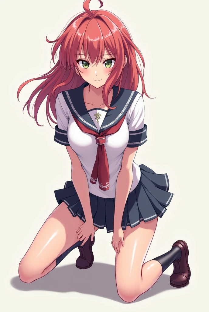 Thicc ass, sitting on chair desk, looking at us, pink g-string, detailed thicc g-string, (long socks), twin tails, black and red uniform, classroom, looking at us, soft smile, skirt, red hair color, smug face, sitting, blushing
