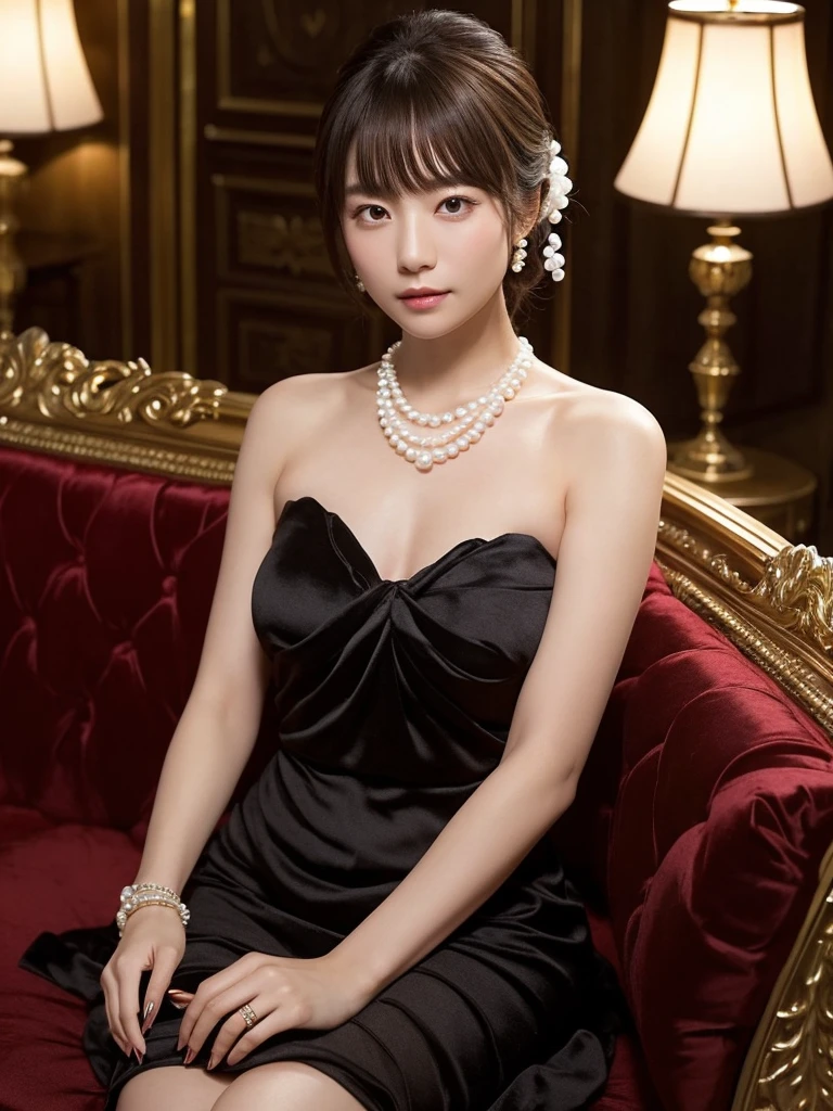 She is a very beautiful and well-styled Japanese woman in a dark night cabaret with romantic lighting wearing a short silk cocktail dress with lots of small jewels sewn with deep slits、(She has brown eyes and shoulder-length dark blond loosely coiled hair gorgeously)、 she is looking at me 、She's wearing a pearl necklace 、 she has white round nails 、 The background is European style and gorgeous but the lighting is dim 、 She's sitting on a luxurious sofa with her hands aligned on her lap 、