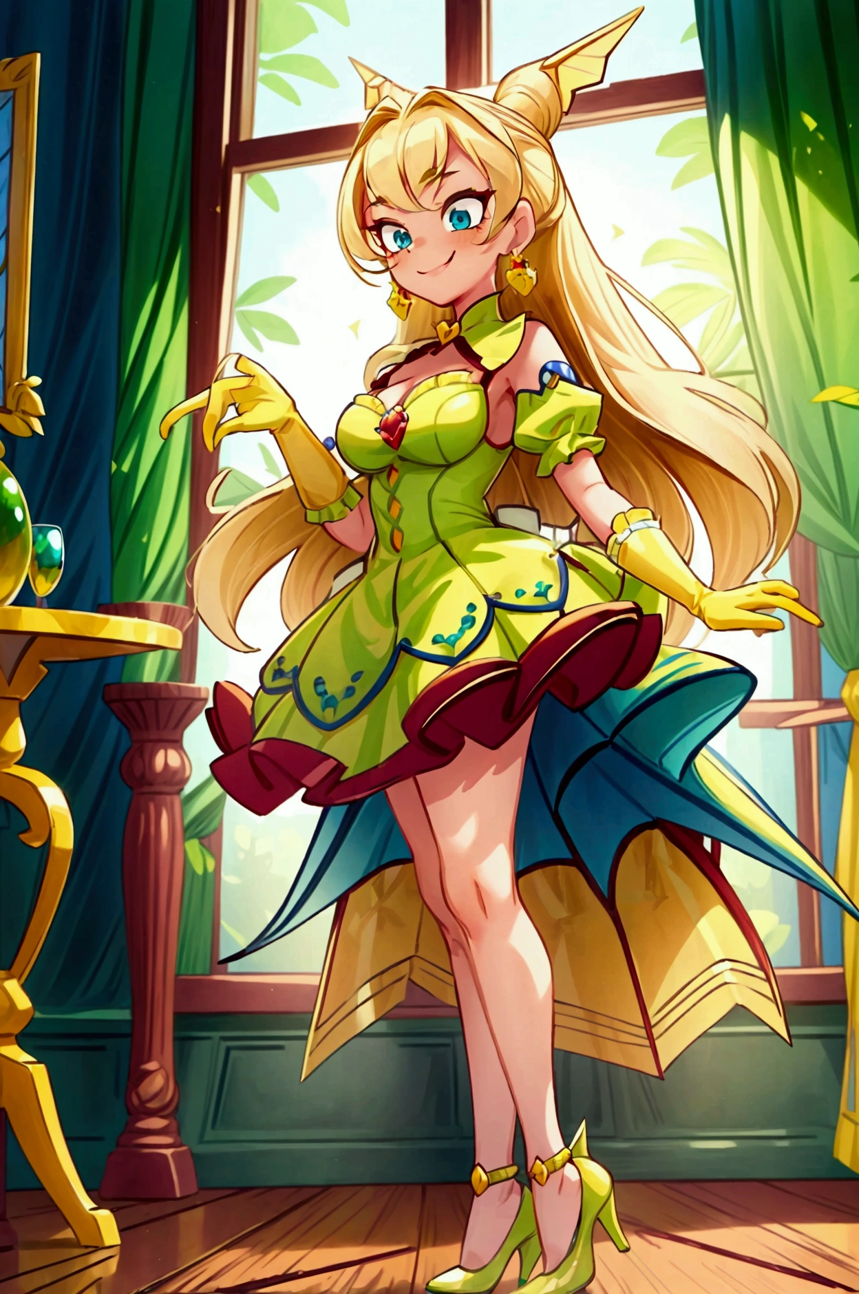 (masterpiece, best quality), 1girl, red and green frill dress, blonde long hair, blue eyes, standing, indoor, intricate detail, sunlight,  green high heel shoes, yellow gloves, earrings, smile, sexy pose, coquette, gorgeous legs, mature woman body, lovely, gorgeous body, pronounced breasts