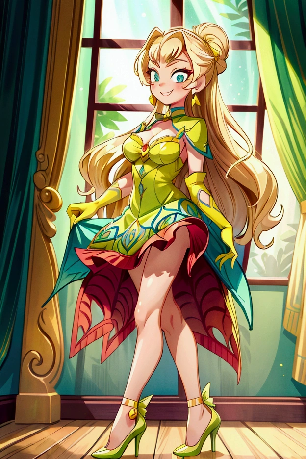 (masterpiece, best quality), 1girl, red and green frill dress, blonde long hair, blue eyes, standing, indoor, intricate detail, sunlight,  green high heel shoes, yellow gloves, earrings, smile, sexy pose, coquette, gorgeous legs, mature woman body, lovely, gorgeous body, pronounced breasts