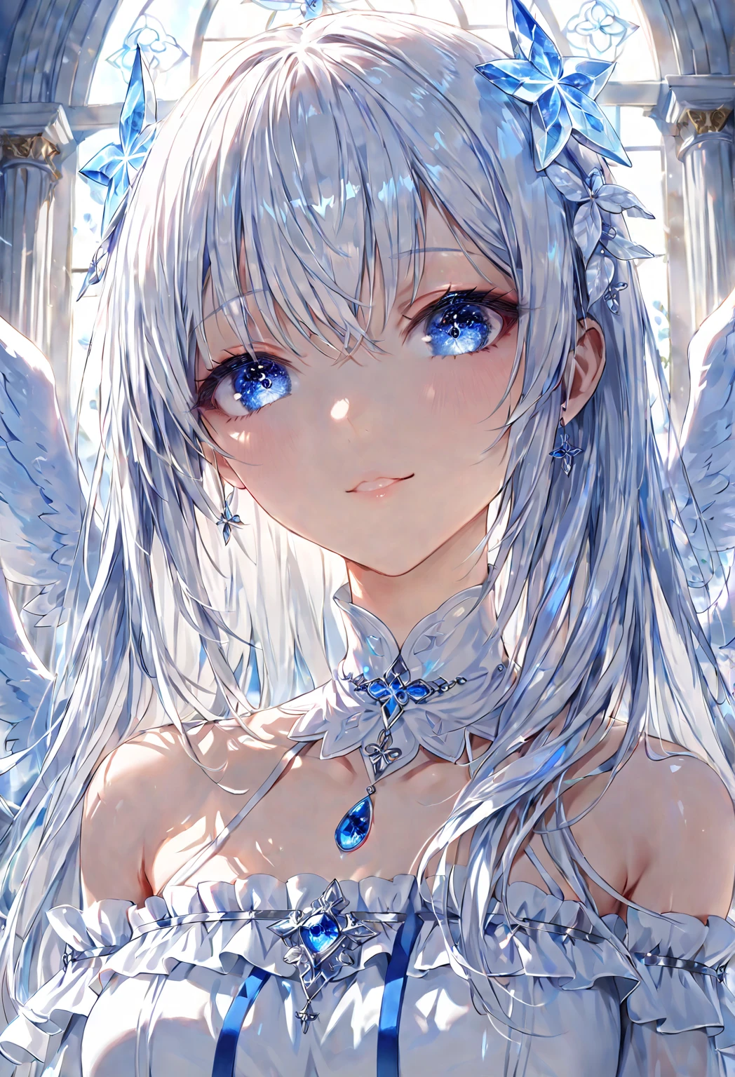 1 mature woman, milf, solo, angel.
Both arms behind her back.
White hair, very long hair, bangs.
Glossy skin, shiny skin.
Blue eyes, crystal-like, gem-like, sparkling, starry eyes.
White dress with frills, bare shoulders, see-through fabric, detached wide sleeves.
White bow, gem accents, jewelry.
White thigh-highs with garter straps, white high heels. Standing.
Slight superior smug face expression, calm, elegant, (close mouth).
Outdoor background, white-themed church, blue tones.
Hyper-detailed, ultra-realistic shadows and textures.
4K, 8K resolution, masterpiece, ultra-detailed portrait.
Super high quality, realistic anatomy, realistic details.
Perfect anatomy, perfect posture, perfect hands, perfect eyes.
Score_9, score_8_up, score_7_up.
Angelic and ethereal atmosphere, dominant white and blue tones.