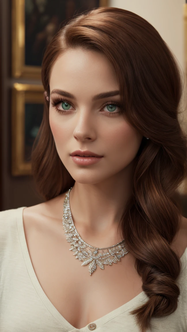 Oil on canvas, Long auburn wavy hair, sea-green eyes, 30ish years old, gorgeous woman,  (beautiful face: 1.2), Looking at viewer, flirting, desire in her eyes, henley t-shirt, soft feminine body, intricate diamond and white gold necklace, gorgeous shapely legs, (realistic, detailed,  digital art,  4k,  ultra hd: 1.2), Impressionism, 8K Octane, Braid, Hair Over One Eye, Asymmetrical Hair, (photorealistic: 1.2)Masterpiece, Anatomically Correct, Best Quality, High Details, breathtaking, sensual, intimate setting, moonlight, (art by Thomas Gainsborough: 1.2)