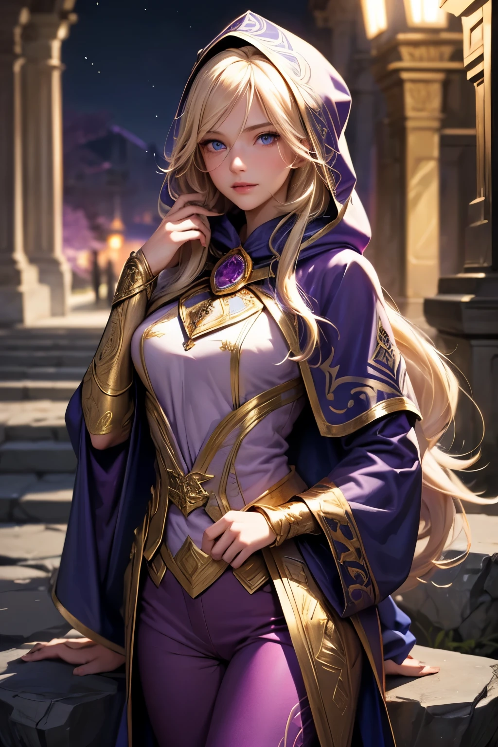 A beautiful girl, long hair, blonde hair, (detailed face: 1.4), (dressed in a blue cloak, hood covering the face), blue eyes, perfect nose, pink lips, (purple shirt with gold drawings), medium breasts, (purple pants with gold drawings), (full body), (standing on a stone), at night, cliff, flashes of light,