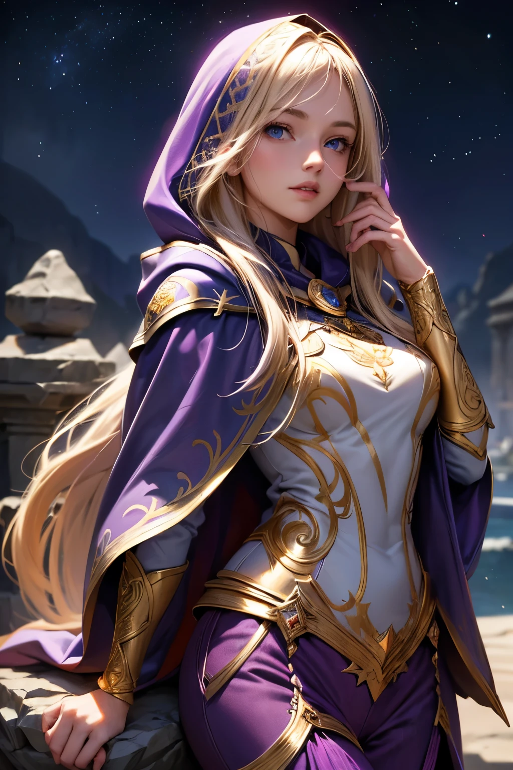 A beautiful girl, long hair, blonde hair, (detailed face: 1.4), (dressed in a blue cloak, hood covering the face), blue eyes, perfect nose, pink lips, (purple shirt with gold drawings), medium breasts, (purple pants with gold drawings), (full body), (standing on a stone), at night, cliff, flashes of light,