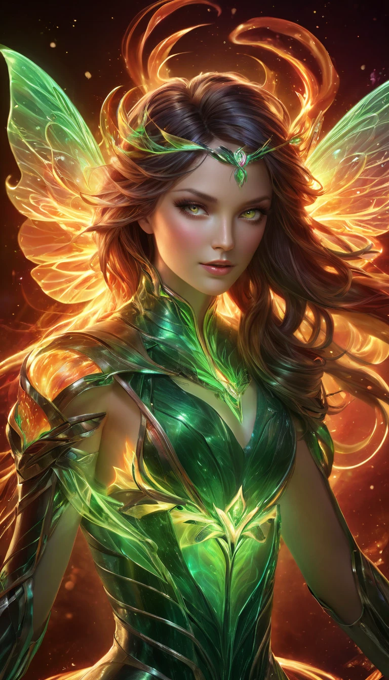 (((  surrenders ))) photograph,( super detailed face),((light)),A hyper-realistic and awe-inspiring depiction of a beautiful pixie with a human-like face that exudes both otherworldly charm and formidable power. Her delicate wings, resembling those of a swallowtail butterfly, shimmer in seven vivid colors that ripple and shift like a living rainbow. Her flowing hair, once emerald green, now glows in radiant rainbow hues, each strand shimmering and changing colors as it cascades down her back in silky waves. Her expressive eyes glow an intense, fiery red, radiating both beauty and an ominous warning. A brilliant rainbow aura envelops her entire body, pulsing and shimmering with raw magical energy. She hovers mid-air, her vibrant butterfly-like wings beating powerfully as streams of multicolored light and magical sparks swirl around her. In her outstretched hands, she holds blazing orbs of fire magic, glowing with intense heat and power, as if on the verge of unleashing devastating energy. Multicolored beams of light and fiery sparks erupt from her entire body, intensifying her aura. The mystical forest behind her glows brightly, amplifying her commanding presence as she unleashes an intimidating spell, her radiant form now an overwhelming display of elemental fury and protection