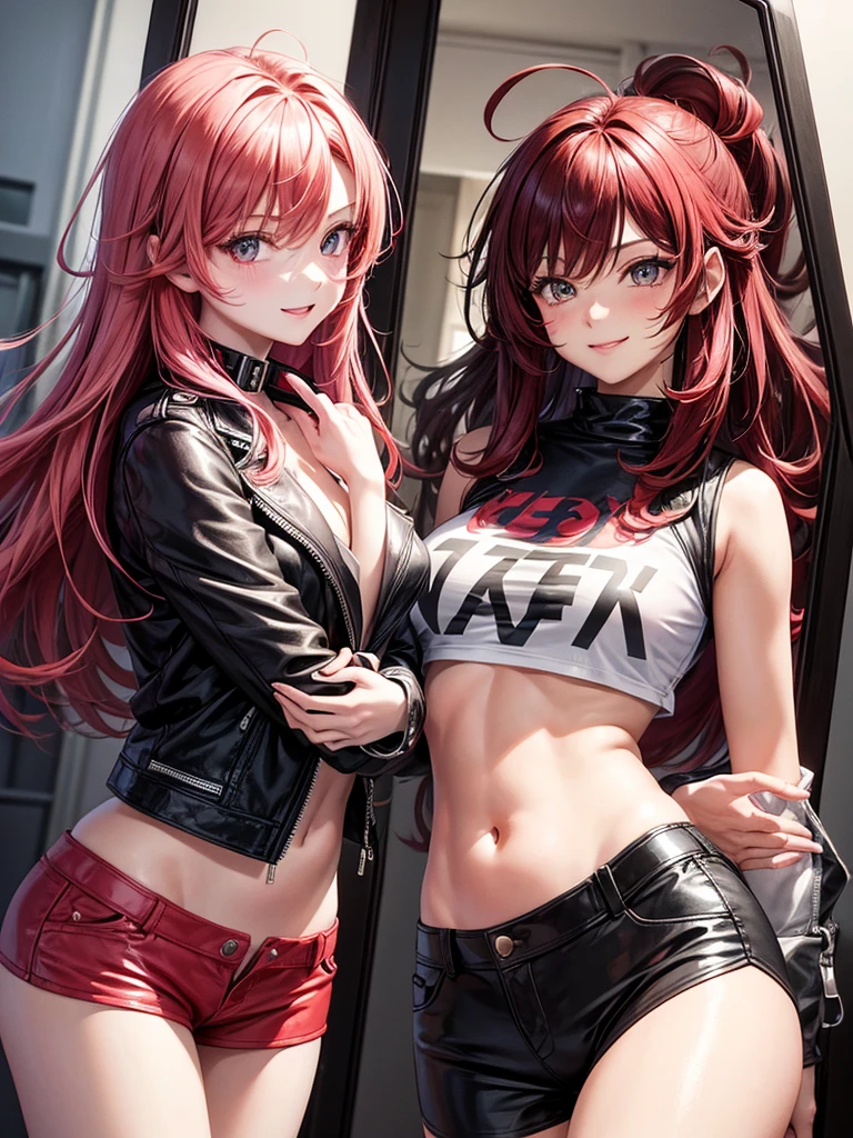 Two young girls, a young red-haired girl with blue eyes wearing a black leather jacket and a short white shirt with short blue denim shorts, and the second girl, a young girl with long black hair, blue eyes, a black leather jacket and a black shirt with short blue denim shorts., en una battle, dos chicas fighting, fighting, battle,
