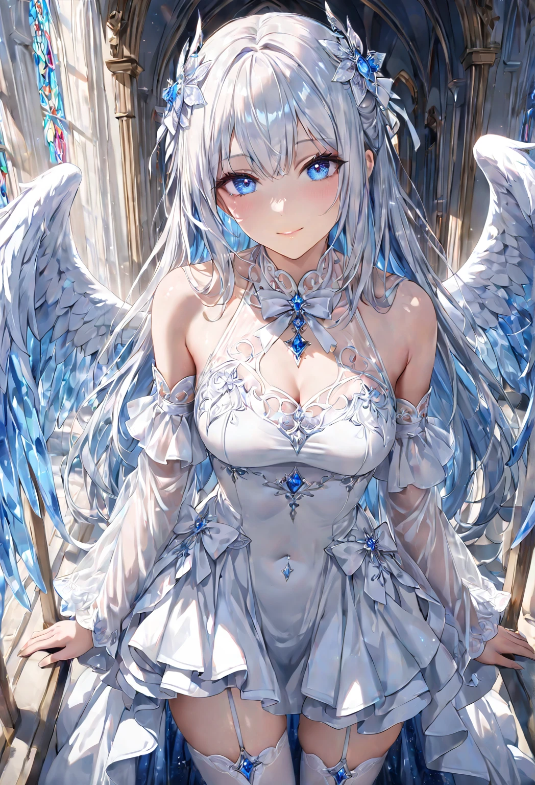 1 mature woman, milf, solo, angel.
Both arms behind her back.
White hair, very long hair, bangs.
Glossy skin, shiny skin.
Blue eyes, crystal-like, gem-like, sparkling, starry eyes.
White dress with frills, bare shoulders, see-through fabric, detached wide sleeves.
White bow, gem accents, jewelry.
White thigh-highs with garter straps, white high heels. Standing.
Slight superior smug face expression, calm, elegant, (close mouth).
Outdoor background, white-themed church, blue tones.
Hyper-detailed, ultra-realistic shadows and textures.
4K, 8K resolution, masterpiece, ultra-detailed portrait.
Super high quality, realistic anatomy, realistic details.
Perfect anatomy, perfect posture, perfect hands, perfect eyes.
Score_9, score_8_up, score_7_up.
Angelic and ethereal atmosphere, dominant white and blue tones.