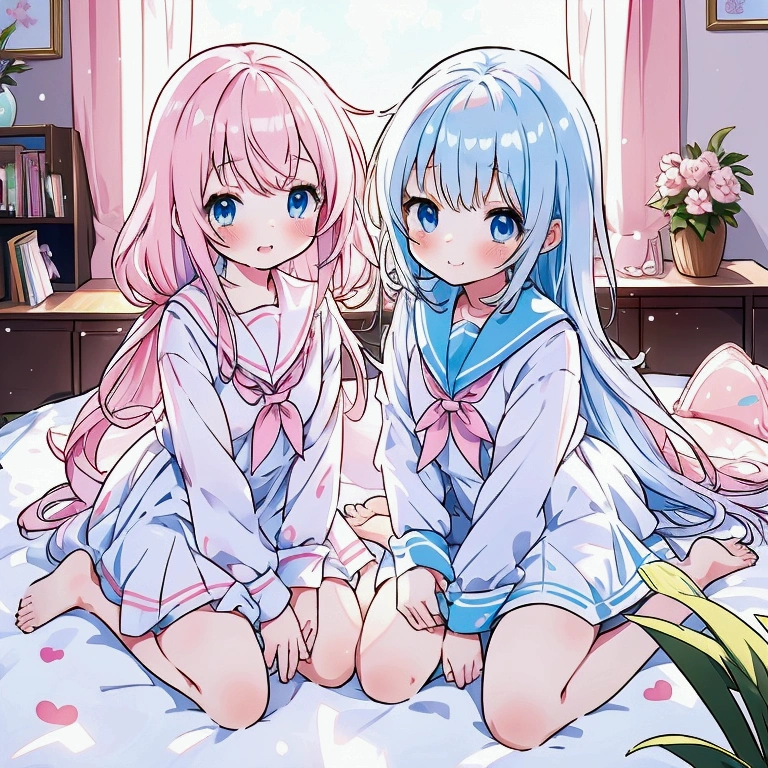   super detailed,   Highly Detailed CG, masterpiece,  High Quality , 4K,  high definition ,, Anime Style Illustrations ,Two cute girls with twins,About junior high school age, White Stylish Beds ,Pastel Pink Sheets ,Heart shaped pillow,Cute room,pastel pink curtains,pale,,Girl 1： Clear Skin, long hair,  braids ,  pastel pink hair , pink eyes,White Sailor Suit,Pink Skirt,Sit flat on the bed,barefoot,,Girl 2： Clear Skin, pastel blue hair , long hair,  ponytails bleeding from the vagina,  hair hanging over shoulders ,  white sailor suit, light blue skirt,Sit flat on the bed, barefoot, Pastel blue eyes,  Long Sleeve 