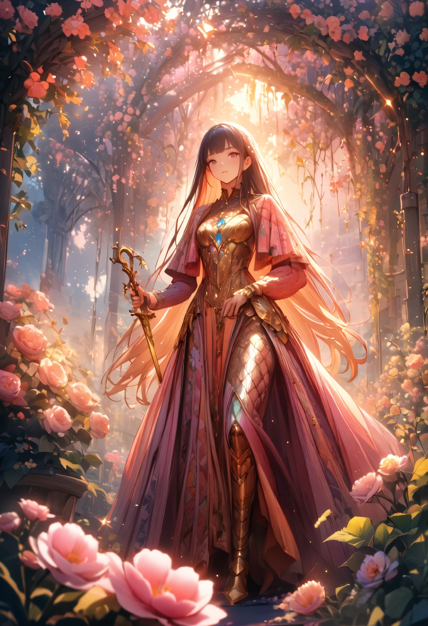  Beautiful Girl , knight, Heavy Armor, patterns, bright colors, Golden metal , Shine, Яркие patterns, sword in hand,  long hair ,  Full Height,  Spectacular,  background Flower Garden ,  Fruit Trees , vine, masterpiece,  Best quality , 8 k, complex textures,  Lots of Details ,  Perfect Anatomy ,  