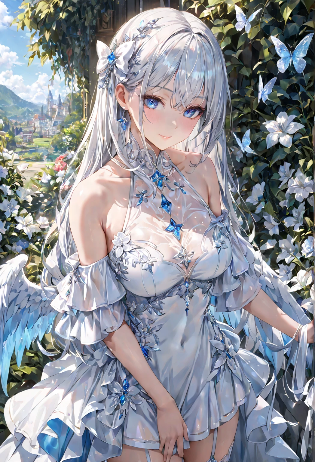 1 mature woman, milf, solo, angel.
Both arms behind her back.
White hair, very long hair, bangs.
Glossy skin, shiny skin, moderate chest, moderate thighs.
Blue eyes, crystal-like, gem-like, sparkling, starry eyes.
White dress with frills, bare shoulders, see-through fabric, detached wide sleeves.
White bow, gem accents, jewelry.
White thigh-highs with garter straps, white high heels. Standing.
Slight superior smug face expression, calm, elegant, (close mouth).
Outdoor background, flower garden
Hyper-detailed, ultra-realistic shadows and textures.
4K, 8K resolution, masterpiece, ultra-detailed portrait.
Super high quality, realistic anatomy, realistic details.
Perfect anatomy, perfect posture, perfect hands, perfect eyes.
Score_9, score_8_up, score_7_up.
Angelic and ethereal atmosphere, dominant white and blue tones.