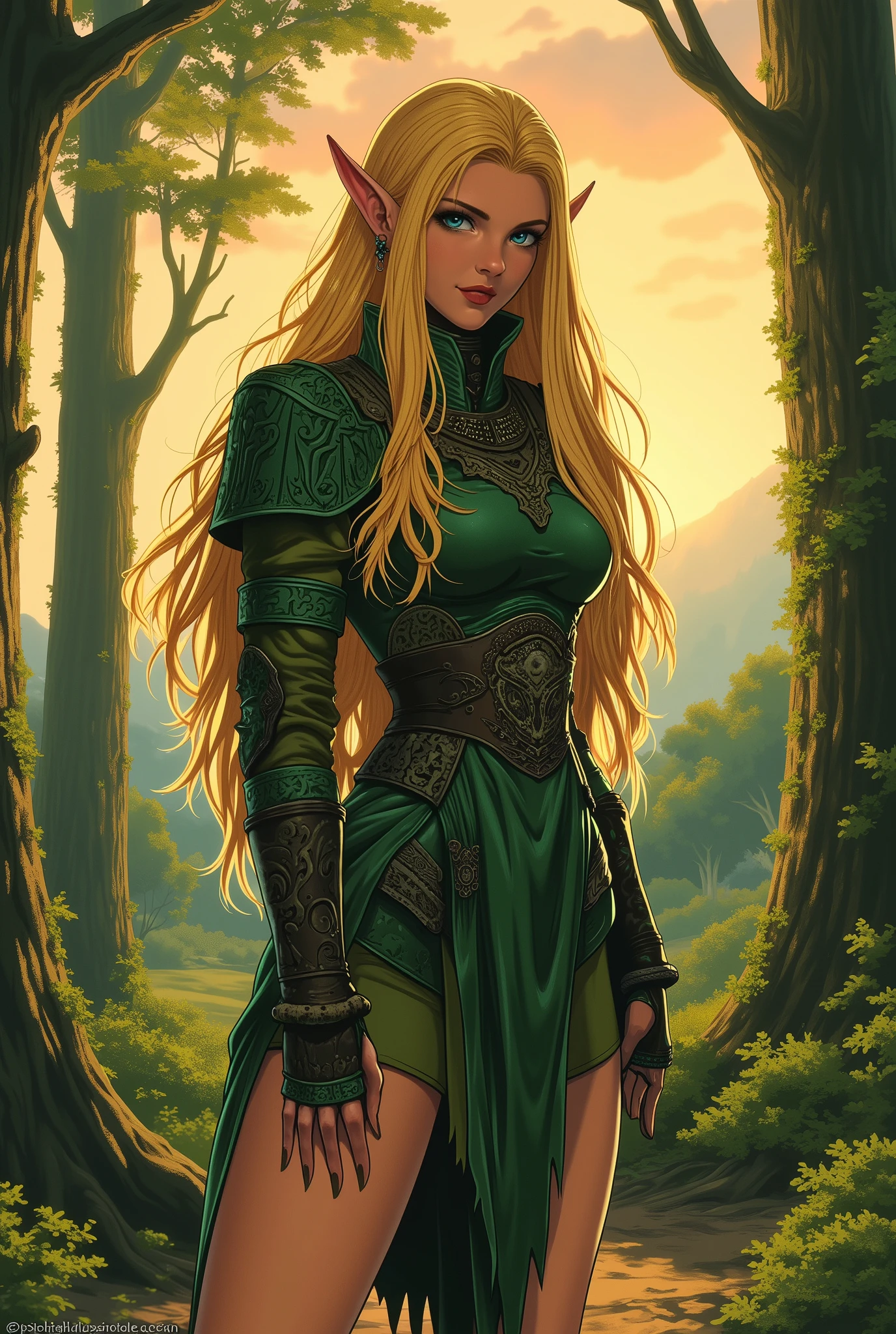 ne0nfant4sy, cowboy shot, masterpiece, western comics style, a beautiful girl, Viking elf warrior, slim, tall, (Long elf ears), (medium chest), (thin waist), (Hair long blonde), (deep blue eyes), ((green Leather armor with short green skirt and intricate details, standing proud in the middle of a fantasy medieval forest, sunset
, looking at viewer looking at the viewer, seductive smile, inviting smile, 