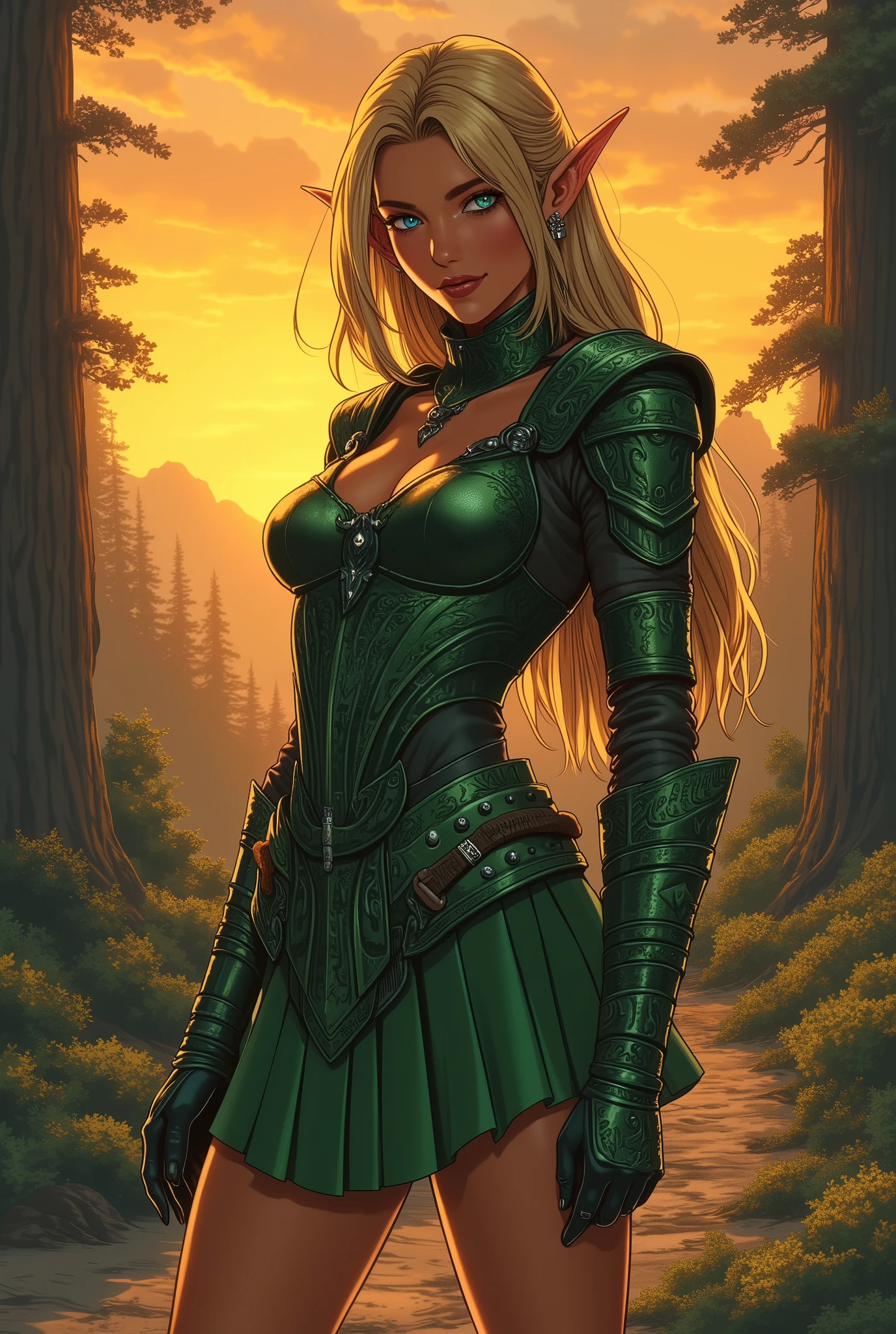 ne0nfant4sy, cowboy shot, masterpiece, western comics style, a beautiful girl, Viking elf warrior, slim, tall, (Long elf ears), (medium chest), (thin waist), (Hair long blonde), (deep blue eyes), ((green Leather armor with short green skirt and intricate details, standing proud in the middle of a fantasy medieval forest, sunset
, looking at viewer looking at the viewer, seductive smile, inviting smile, 