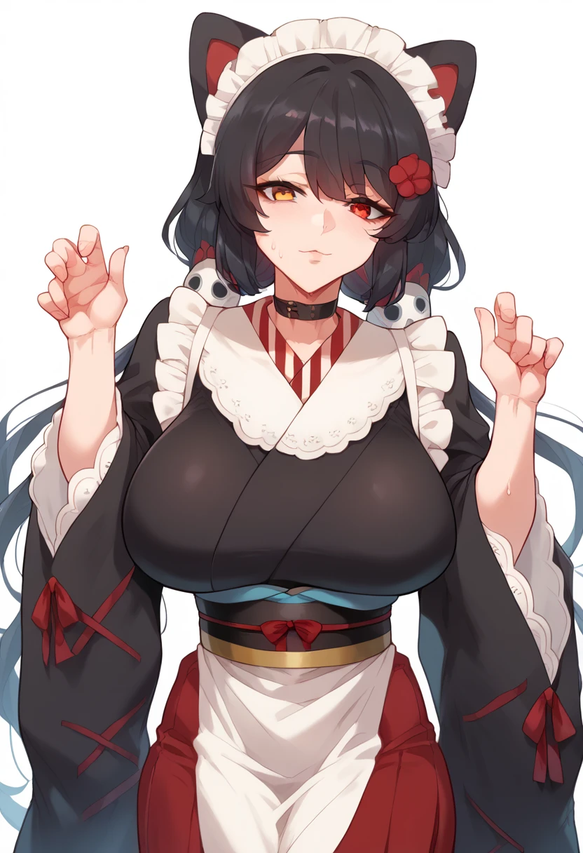 Hyper realistic, it1, flower, twintails, low twintails, very long hair, dog girl、
choker, maid headdress, black kimono, wide sleeves, frills, obi, white apron, sleeves past wrists, skirt, red skirt, perfect face, perfect lighting,, sexy female, huge breasts, sweat, hanging breasts,フェラチオ、large penis