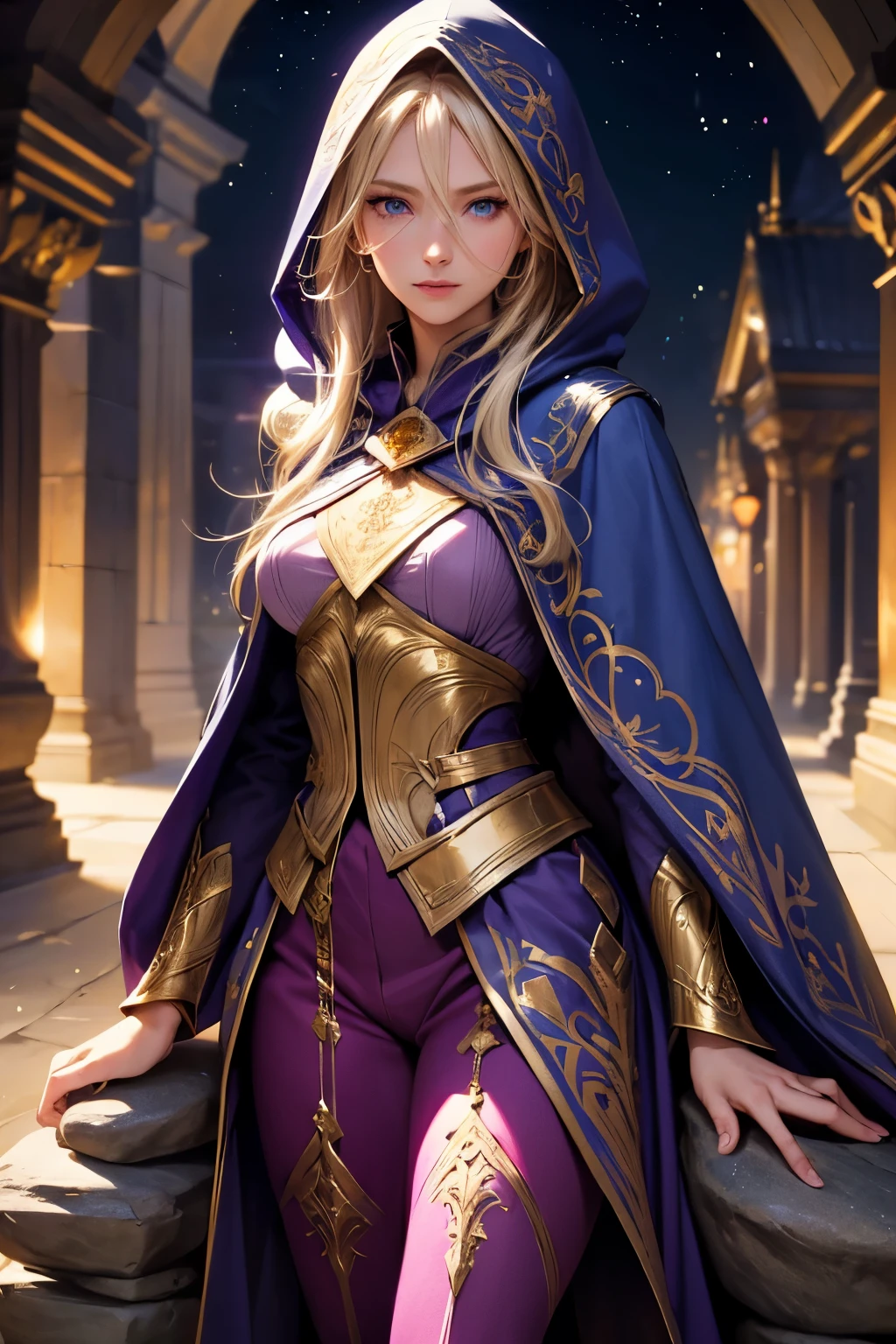 A beautiful girl, long hair, blonde hair, (detailed face: 1.4), (dressed in a blue cloak, hood covering the face), blue eyes, perfect nose, pink lips, (purple shirt with gold drawings), medium breasts, (purple pants with gold drawings), (full body), (standing on a stone), at night, cliff, flashes of light,