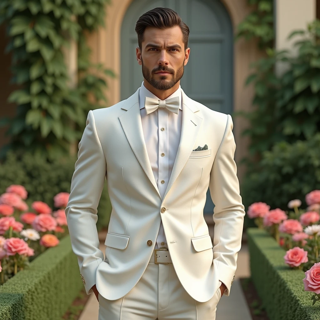 Man dressed in full white suit, positioned slightly turned to the right, only the torso part, expression of happiness, 30 years old, on crimson red curtain background with velvety texture,