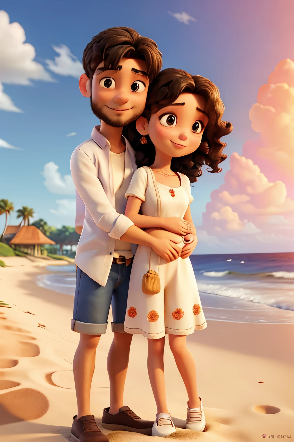 Creates a 3D image in Disney Pixar style.
it should capture the romantic and emotional essence of the story. Here are some elements to include in the image:
Background
A sunset scene, with a sky filled with shades of pink, orange and purple, reflecting a moment of hope and renewal.
A peaceful beach in the Caribbean, with gentle waves caressing the sand, symbolizing the calm after the storm and the protagonists' journey.
Characters;
 two main characters (a man Paulo Moreno with short, curly black hair dressed in a white shirt, beige denim shorts and white sneakers and a beautiful brunette Iris woman with long, straight hair and a long white dress) hug each other intensely, their silhouettes silhouetted against the sunset of the sun. The position should convey the depth of your love and reunion after years of separation.
 Subtle details, like close faces and closed eyes, suggest intimacy and emotional connection.
Additional Details:
 Some love letters or pages of letters may be flying around you, symbolizing the letters that kept the flame of love burning during the separation.
 Flowers in the background, such as roses, to add a touch of romanticism and beauty. Disney Pixar 3D style.