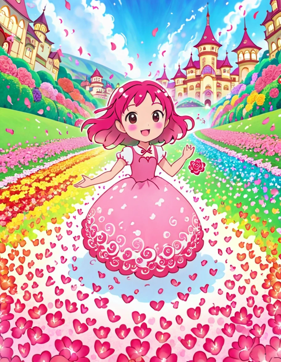 Rain of petals, petals dancing in the wind, rose flower. Adorable and cute Chiikawa, and Hachiware, twirling happily, vibrant colors, Shangri-La setting, fairy tale, castle in the distance, sparkling, fantasy, mass of petals falling, wide angle, artistic expression, anime screencap in mnst artstyle, (tkw)