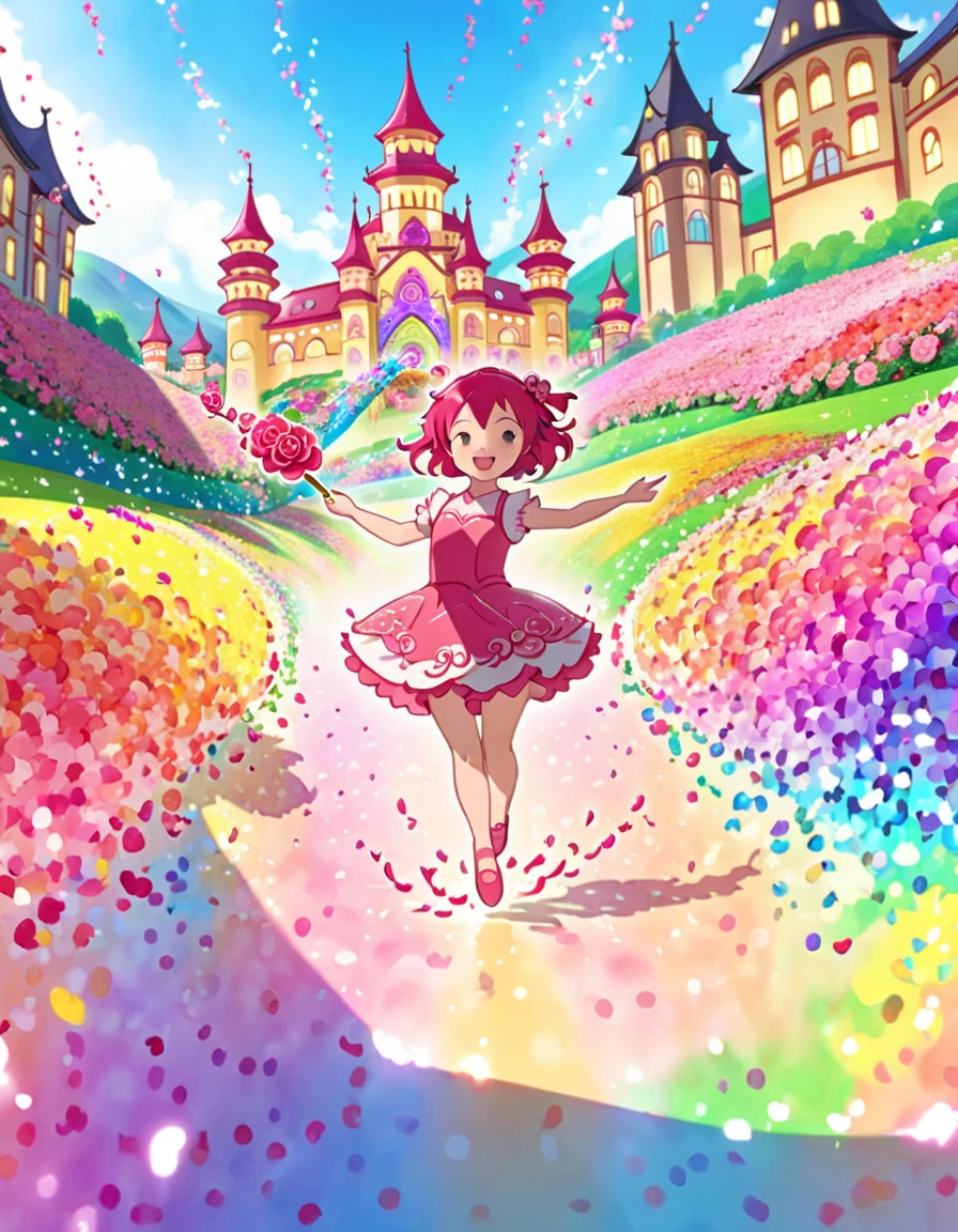 Rain of petals, petals dancing in the wind, rose flower. Adorable and cute Chiikawa, and Hachiware, twirling happily, vibrant colors, Shangri-La setting, fairy tale, castle in the distance, sparkling, fantasy, mass of petals falling, wide angle, artistic expression, anime screencap in mnst artstyle, (tkw)