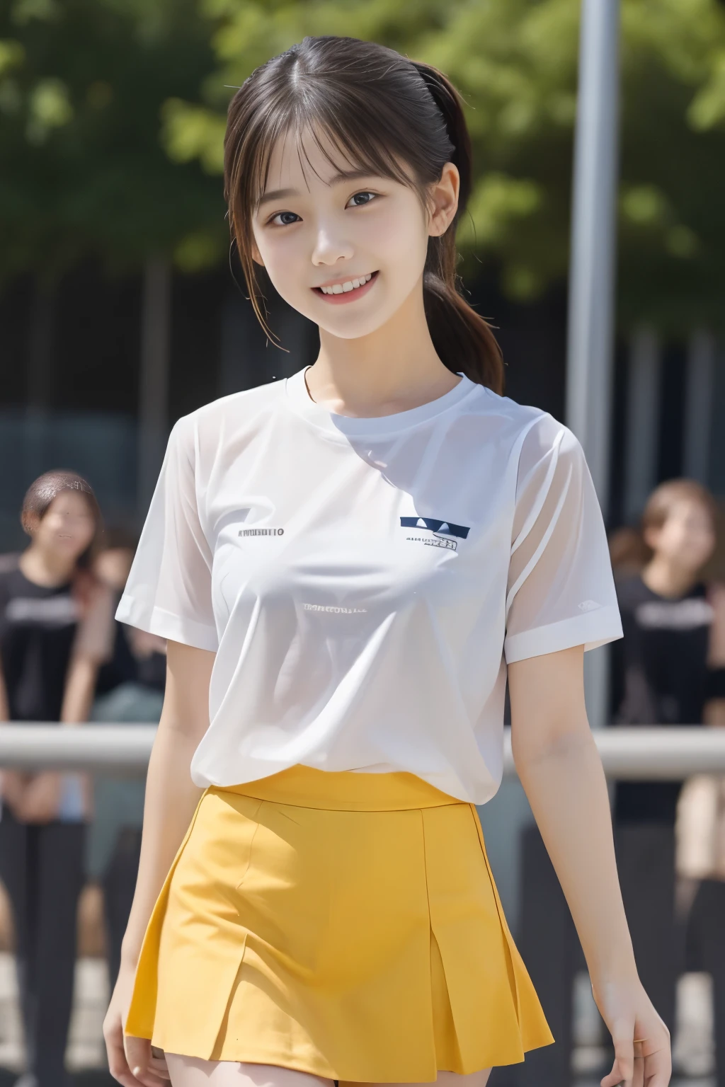 top-quality、masterpiece、hight resolution、4K、real 18 year old woman、cheer girl、cheerleaders、a miniskirt、a smile、Hairstyle is ponytail、1girl in、(transparent shirts:1.3)
