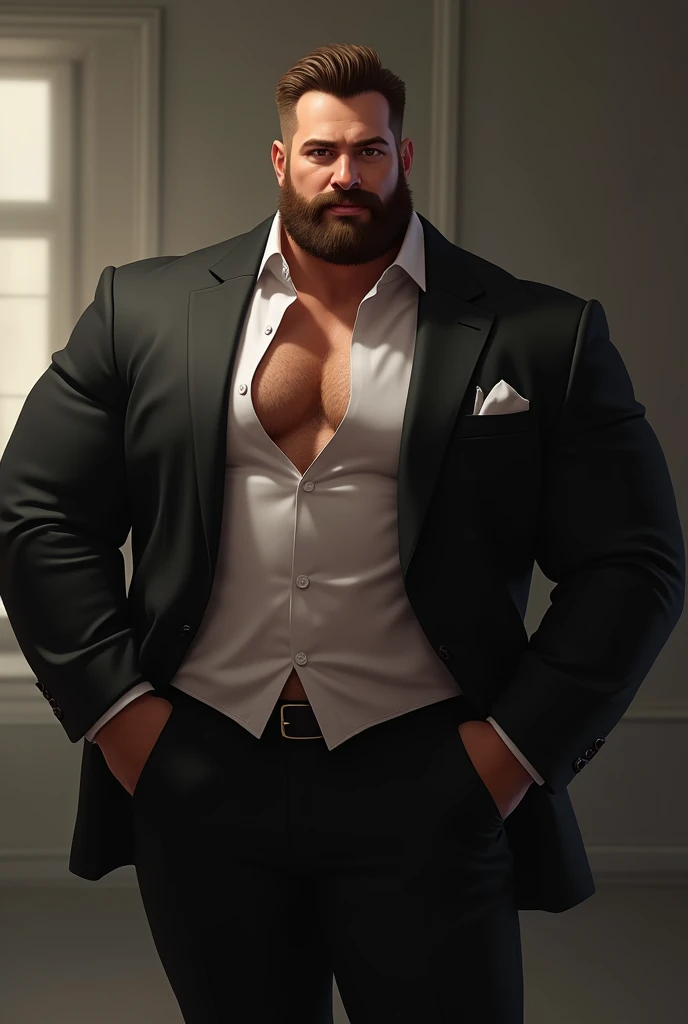 Man with great bulge in the groin in pose that expresses grunting and display of his great proberance in the groin, pride in his own masculinity, pride in being a man, pride in having masculine appearance, phallocentric, very tight formal clothes that mark the bulge a lot, medium black beard.