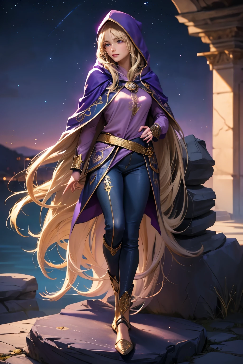 A beautiful girl, long hair, blonde hair, (detailed face: 1.4), (dressed in a blue cloak, hood covering the face), blue eyes, perfect nose, pink lips, (purple shirt with gold drawings), medium breasts, (purple pants with gold drawings), (full body), (standing on a stone), at night, cliff, flashes of light,