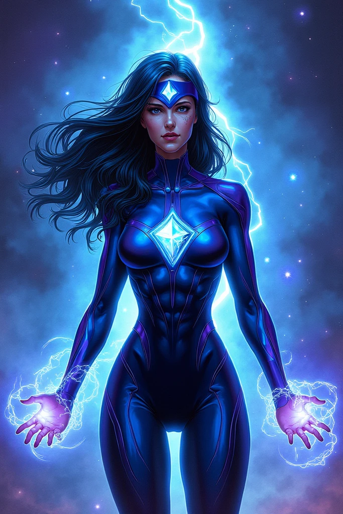 Beautiful woman with black hair, she wears blue battle clothes surrounded with electric, she has thunder powers, she is in clouds with thunder