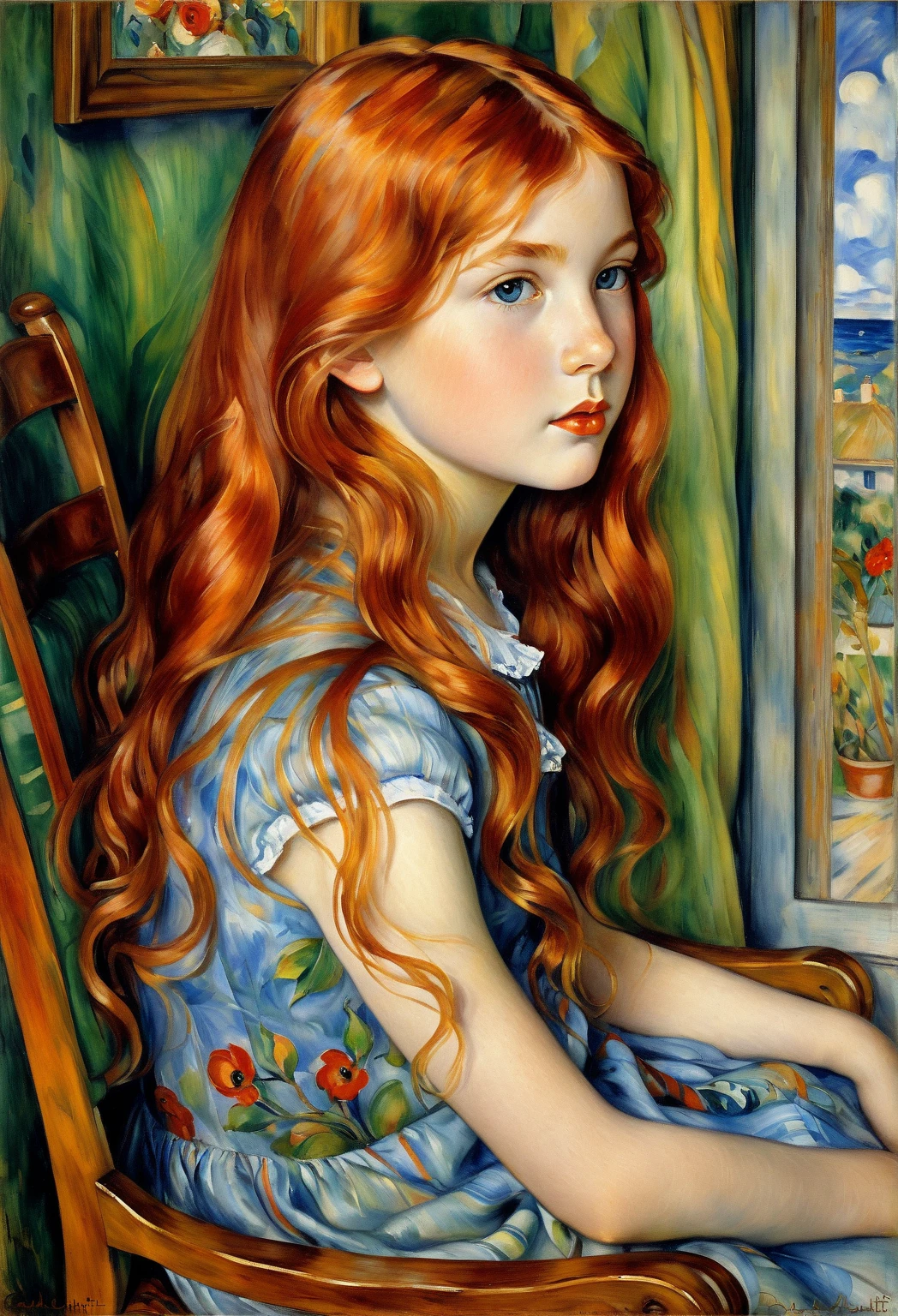 a painting of a young girl with long hair sitting in a chair, David Galchutt, David Galchutt, David Galchutt, Pierre - Auguste Renoir, in David Galchutt style painting, side portrait of a girl, portrait of a young girl, portrait of a red-haired girl, portrait young girl, young girl