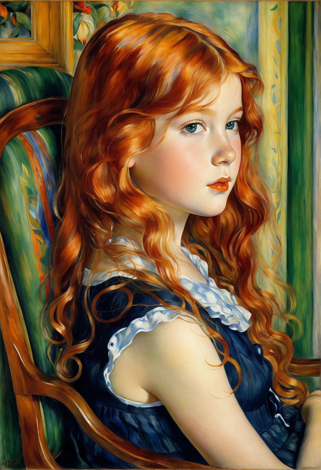 a painting of a young girl with long hair sitting in a chair, David Galchutt, David Galchutt, David Galchutt, Pierre - Auguste Renoir, in David Galchutt style painting, side portrait of a girl, portrait of a young girl, portrait of a red-haired girl, portrait young girl, young girl