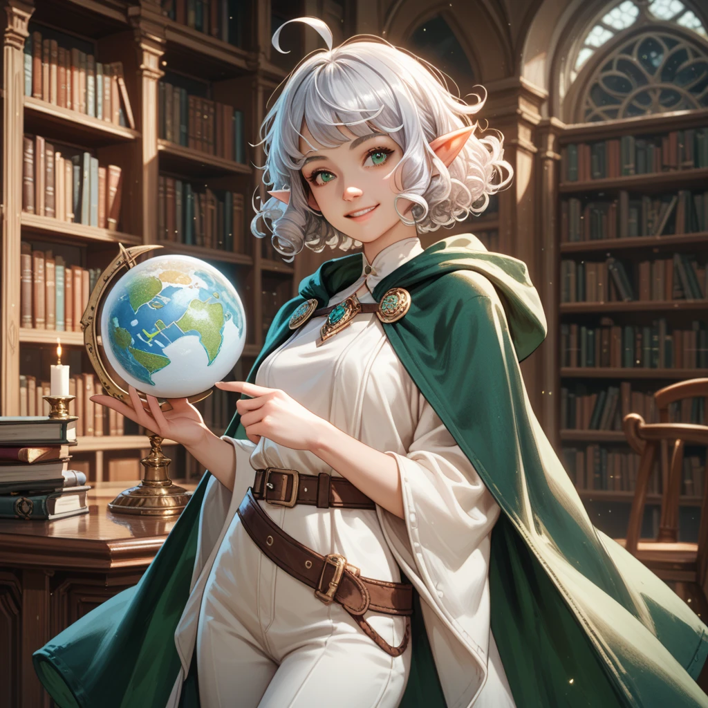 elf, Solo female, silver hair,short hair, medium cut, ahoge, curly hair, green eyes,slender, green cloak, White wizard robe, pants, belt, White globe fair skin, cool mild Smile, annoyance, fantasy, library