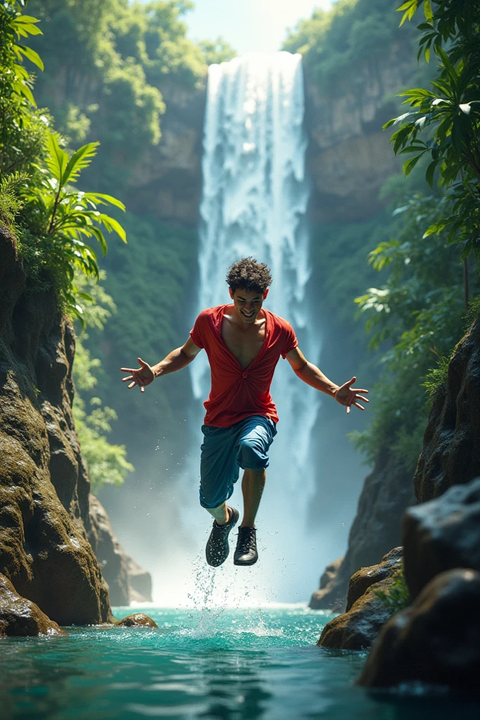 Brazilian man jumping from a high rock at the waterfall