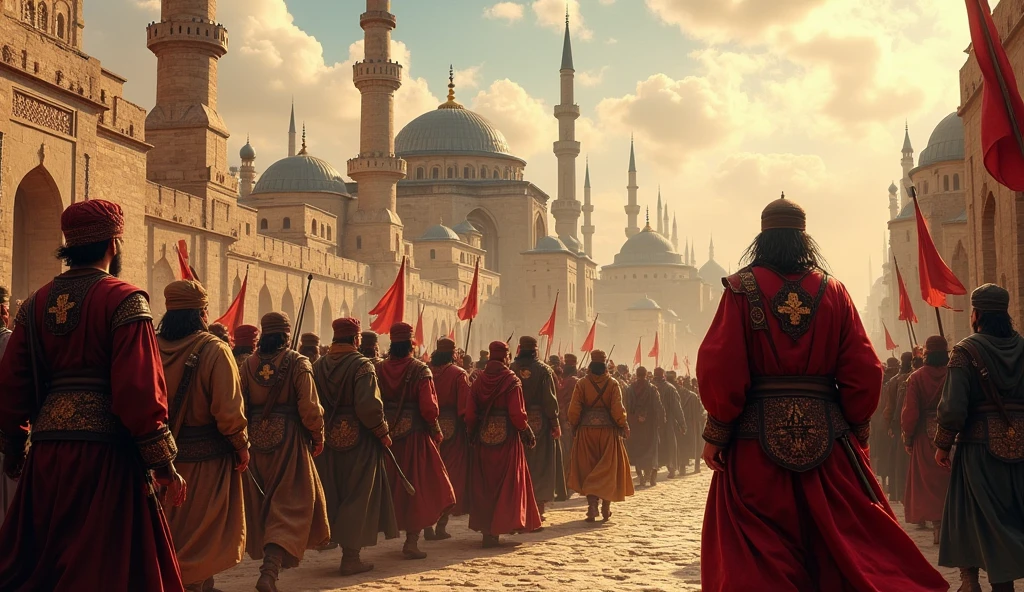 A detailed portrait of Sultan Mehmed II's triumphant entrance into the city of Constantinople after a successful siege.