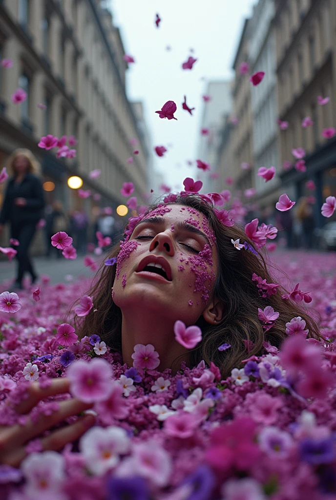 (((The expression of agony of a woman struggling with )))、植物のパンジーとビオラのとても大量のflowerびらが集中豪雨のように舞い上がり勢いよく落下してpeople々Attacking、flowerの集中豪雨、大勢のpeople間がflowerに埋もれてflowerに溺れて路上で苦しそうにもがいている阿鼻叫喚、 lots of victims 、Abnormal phenomenon 、Climax scene from the movie 「flower嵐」 in Panic 、 Dynamic Camera Angle 、flower、flower、flower、大量のflowerが都市を破壊する!!!、(((people々 is a close-up of the expression of agony of a woman who is struggling and is about to fall down after being attacked by poison gas )、