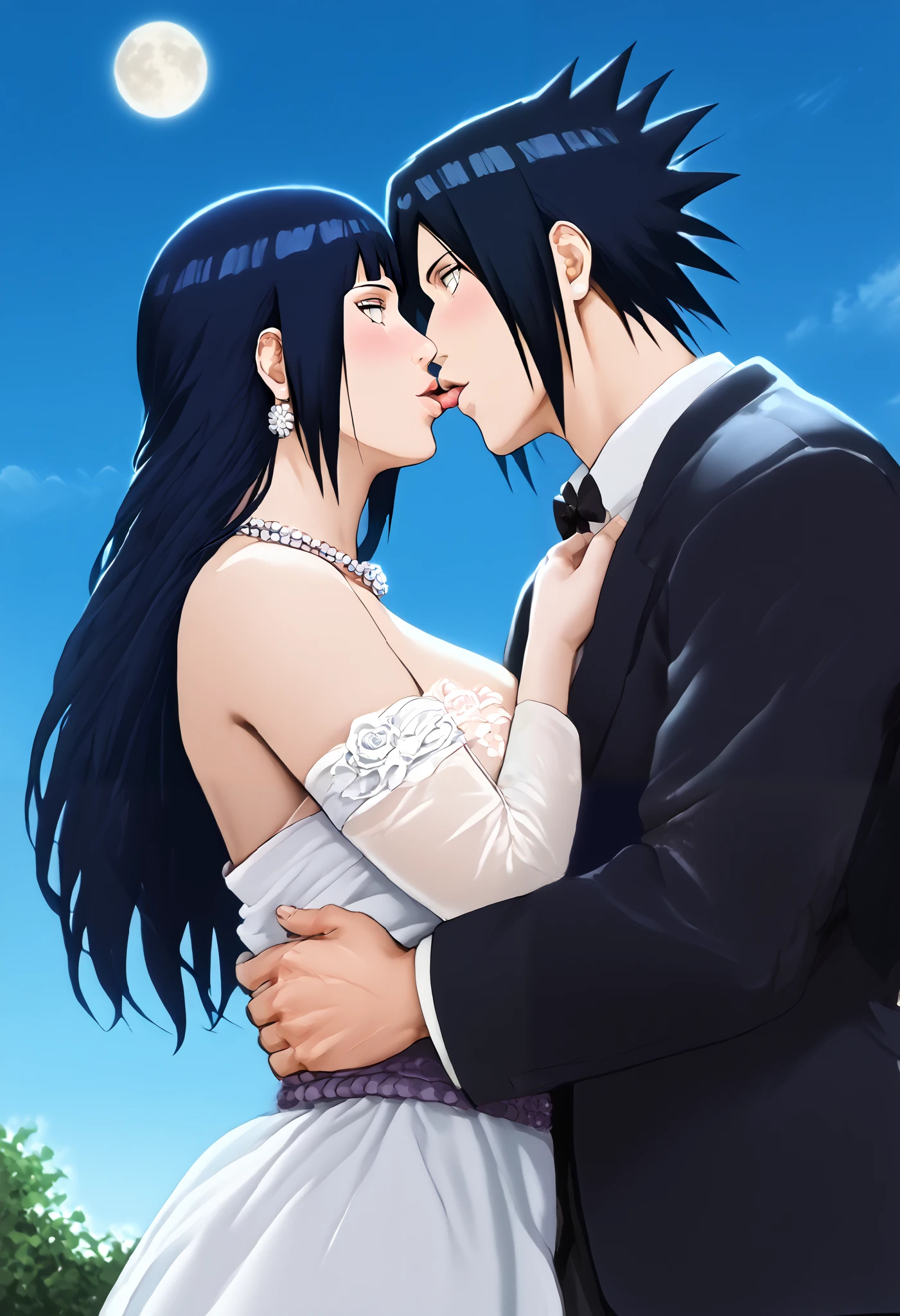 score_9, score_8_up, score_7_up, BREAK source_anime, Hinata_Hyūga, White eyes, Dark Blue hair, long hair, Large breasts, beautiful wedding dress white, Uchiha_Sasuke's with Hinata_Hyūga are married ,Uchiha_Sasuke's wreanig black tuxedo,Uchiha_Sasuke's, In night,moon in sky, Uchiha_Sasuke's carries Hinata_Hyūga hands, preview close character's,Uchiha_Sasuke's muscle almost appear on his black tuxedo,kissing each other,attack on titan graphics style,Hinata_Hyūga wearing beautiful royale Earrings, Uchiha_Sasuke's with tuxedo looks lustfully and manly,Lips sticking together,Hinata_Hyūga with beautiful wedding dress white havd jewelry embroidery, Hinata_Hyūga wearing beautiful pearls necklace,character's very white skin,4k,60fps, Hinata_Hyūga Cheating Affair's Behind Naruto's Back with Uchiha_Sasuke's.