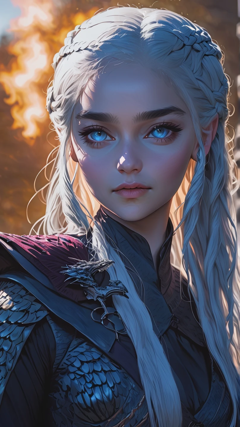 a woman in the style of daenerys targaryen from game of thrones,1girl,beautiful detailed eyes,beautiful detailed lips,extremely detailed face and features,longeyelashes,intricate fantasy hairstyle,dragoneyes,dragon scales,blue and silver tones,ornate fantasy armor,fantasy landscape background,glowing aura,cinematic lighting,dramatic pose,epic fantasy,digital painting,vibrant colors,highly detailed,4k,8k,masterpiece