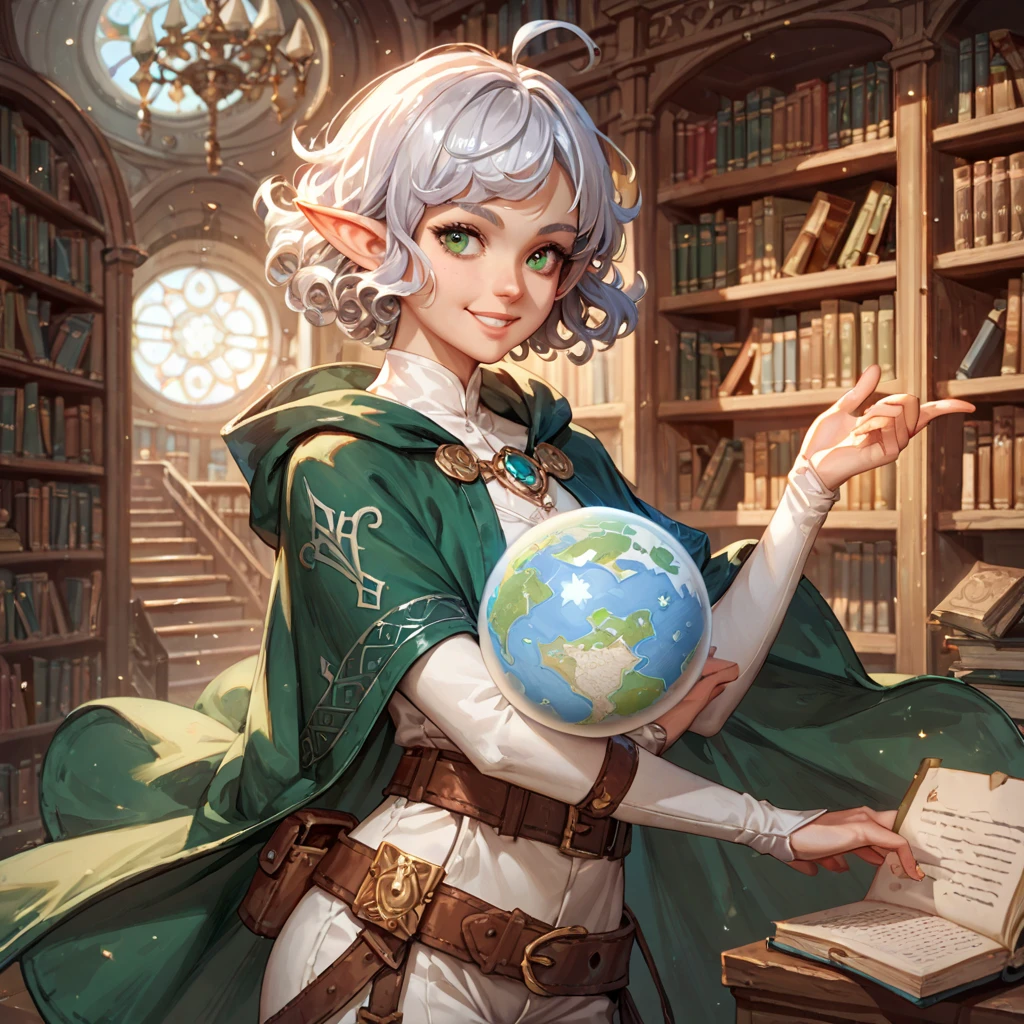 elf, Solo female, silver hair,short hair, medium cut, ahoge, curly hair, green eyes,slender, green cloak, White wizard robe, pants, belt, White globe fair skin, cool mild Smile, annoyance, fantasy, library